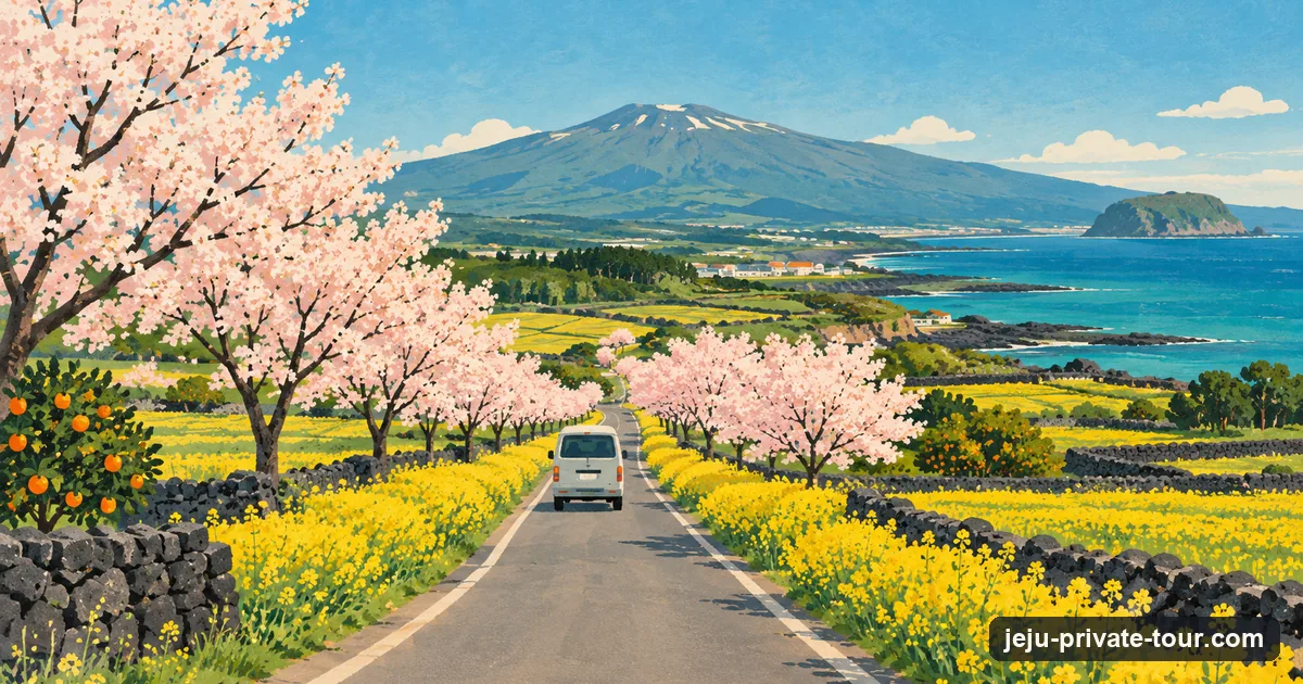 Illustration: a road on Jeju lined with yellow canola flowers and pink cherry blossom in spring, with a small van