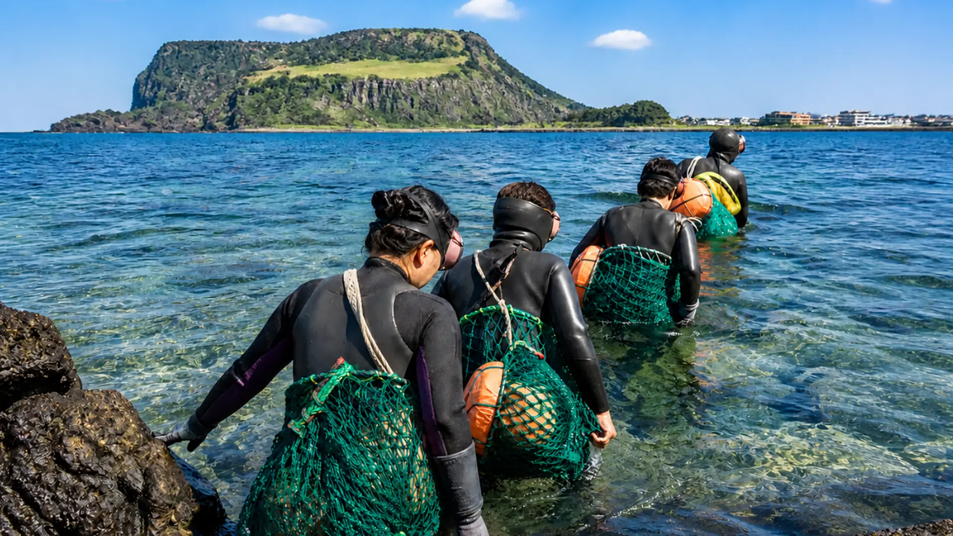 Haenyeo divers in wetsuits wading out from a rocky shore with Seongsan Ilchulbong behind, from the East Jeju day tour listing