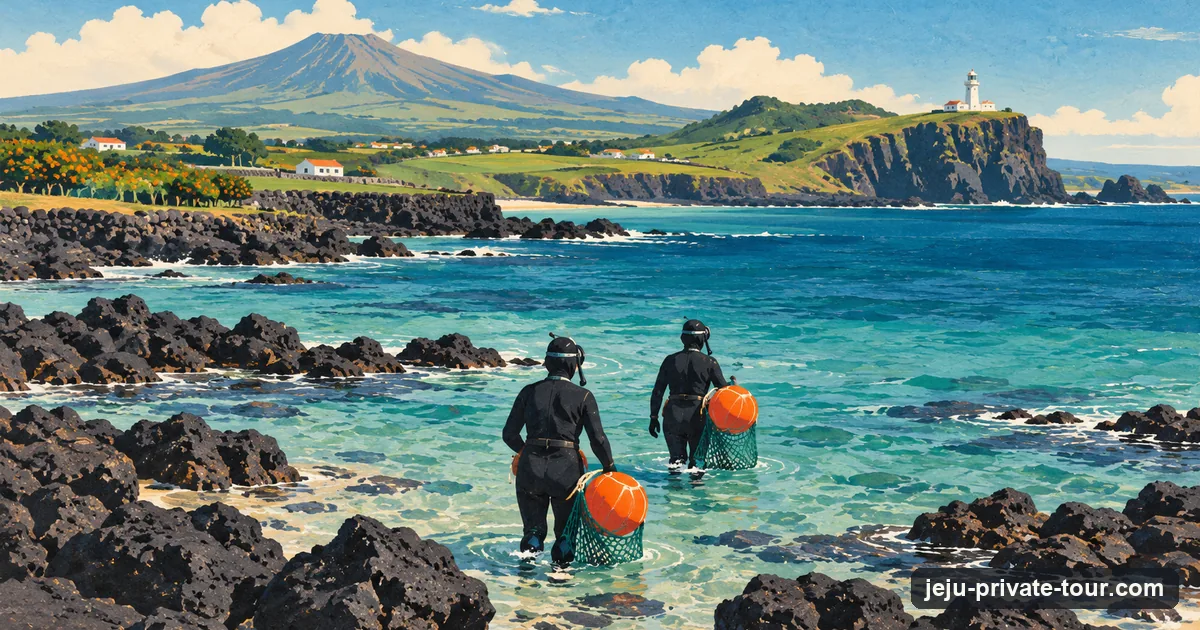 Illustration: two haenyeo divers in black wetsuits with orange floats wading into a turquoise sea from basalt rocks, seen from behind
