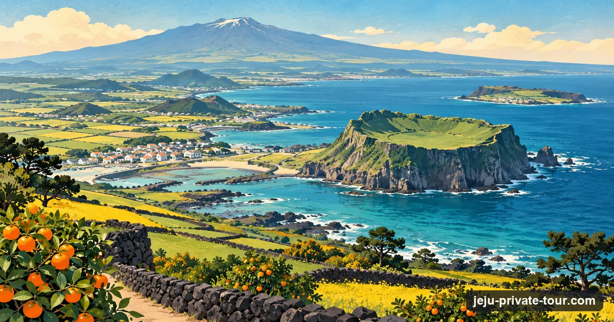 Illustration: Seongsan Ilchulbong's crater by the sea in the foreground, Udo offshore and Hallasan in the distance