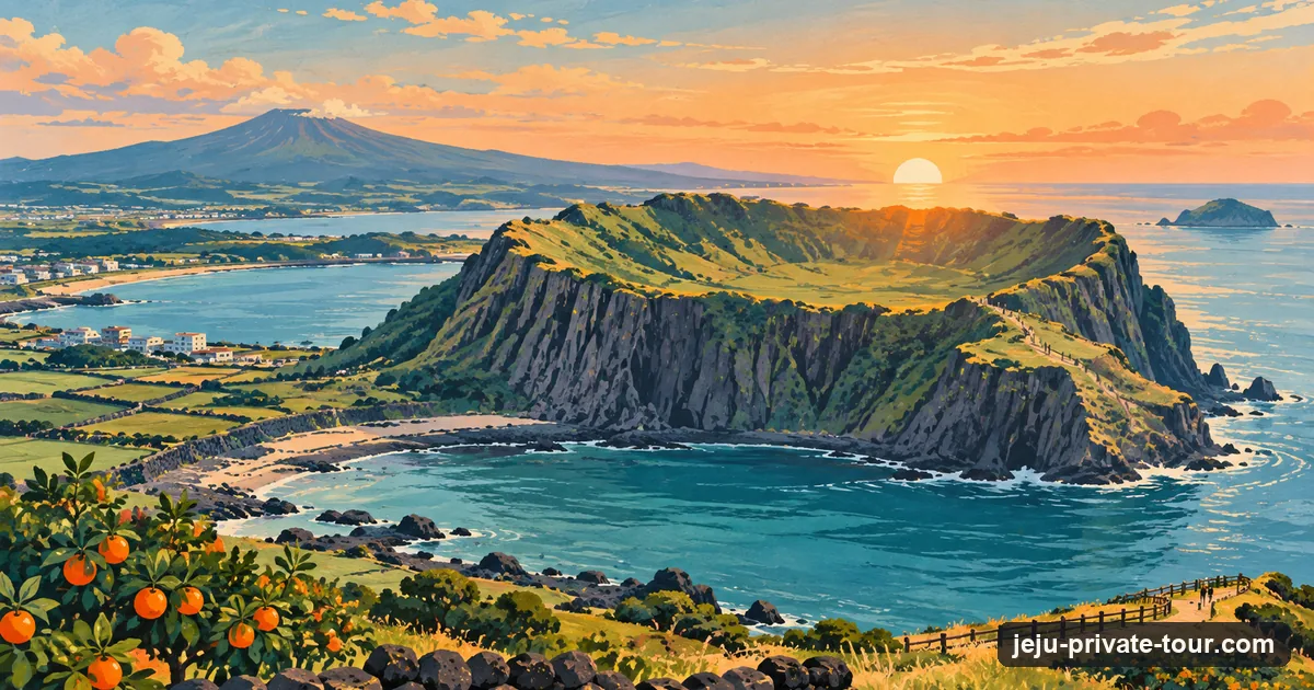 Illustration: Seongsan Ilchulbong's round crater rising out of the sea at sunrise, with tiny walkers on its flank