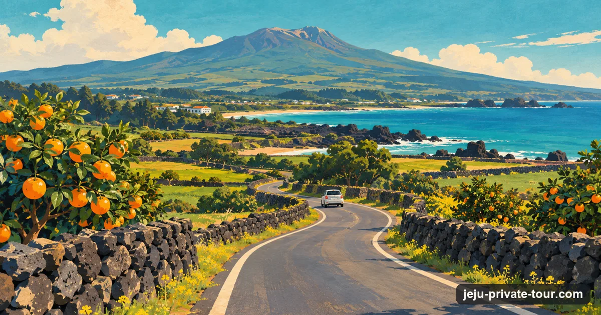 Illustration: a small car on a Jeju country road between black basalt stone walls and tangerine trees, with Hallasan behind