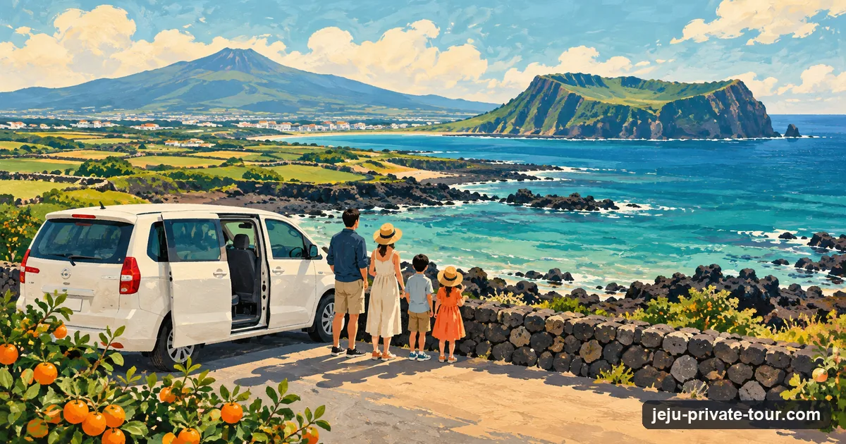 Illustration: a private minivan at a coastal viewpoint on Jeju, a family seen from behind looking at the sea and a distant crater