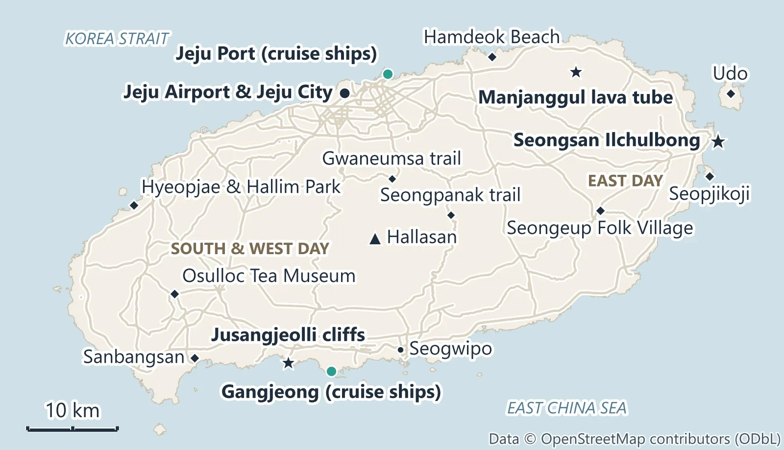 Map of Jeju Island marking Jeju Airport and Jeju City, the two cruise terminals, Hallasan and its summit trails, and the sights of the east day and the south and west day